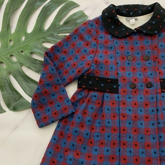 Petit Confection Girls Retro Coat Size 5 Blue Red Double Button Peter Pan Collar - Picture 4 of 11